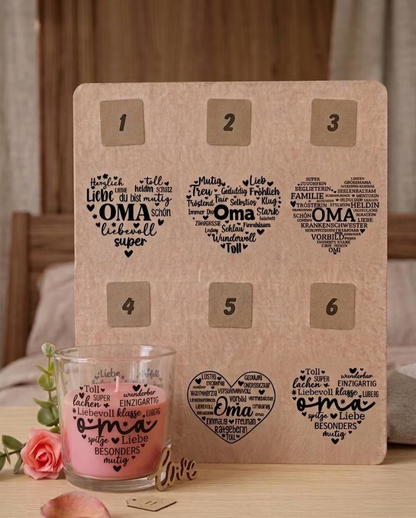 Geschenk Kerze im Glas – Eine Tüte Licht für Oma – 6 Designs, 2 Farben, fertig verpackt mit Rose & Schleife