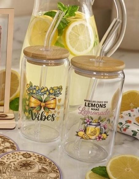 Sommer Geschenk Set Zitrone – Trinkglas mit Bambusdeckel & Strohhalm | Geburtstagsgeschenk Frau