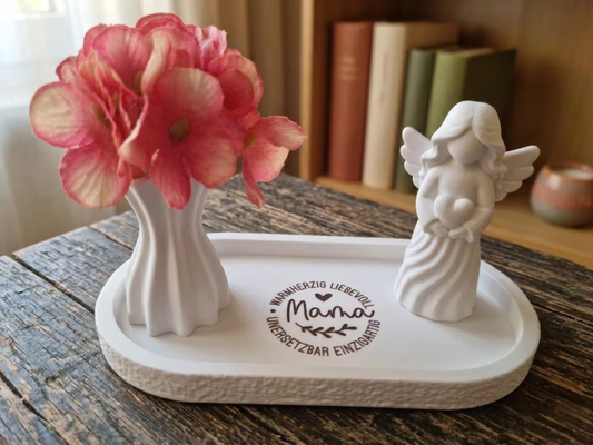 Muttertagsgeschenk Set – 3D Druck Vase mit Kunstblumen & Schutzengel auf Tablett – Deko Weiß Matt für Mama
