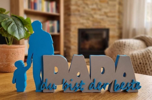 Vatertagsgeschenk 3D Druck Aufsteller „Papa du bist der Beste“ – Kind-Silhouette Junge oder Mädchen – Blau Grau Resin-Finish