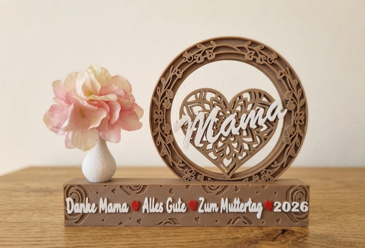 Muttertagsgeschenk 2026 Mama Herz Aufsteller 3D Druck – Danke Mama Deko Holz-Optik Braun inkl. Vase & Kunstblume