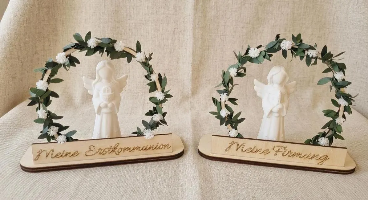 Schutzengel Deko Erstkommunion personalisiert - Kommunion Geschenk Engel Holzbogen