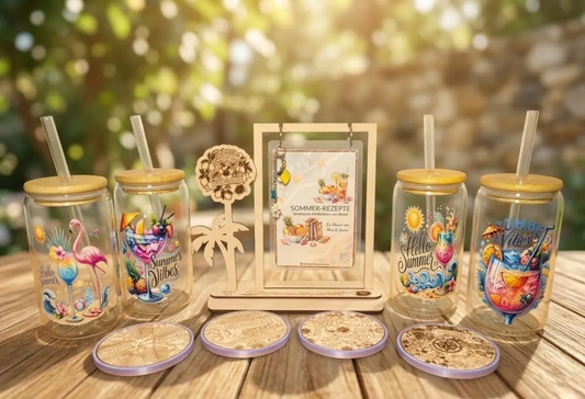 Sommer Geschenk Set Summer Vibes - Glasbecher mit Bambusdeckel & Strohhalm