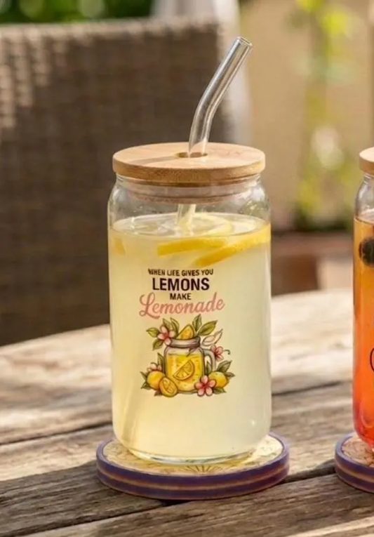 Glasbecher Zitrone mit Deckel und Strohhalm – Summer Vibes | Lemon Squeezy | Eiskaffee Glas
