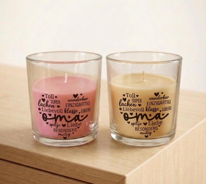 Geschenk Kerze im Glas – Eine Tüte Licht für Oma – 6 Designs, 2 Farben, fertig verpackt mit Rose & Schleife