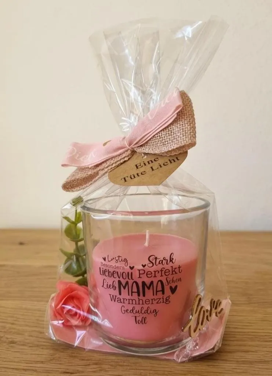 Muttertagsgeschenk Kerze im Glas – Eine Tüte Licht für Mama – 9 Designs, 2 Farben, fertig verpackt mit Rose & Schleife