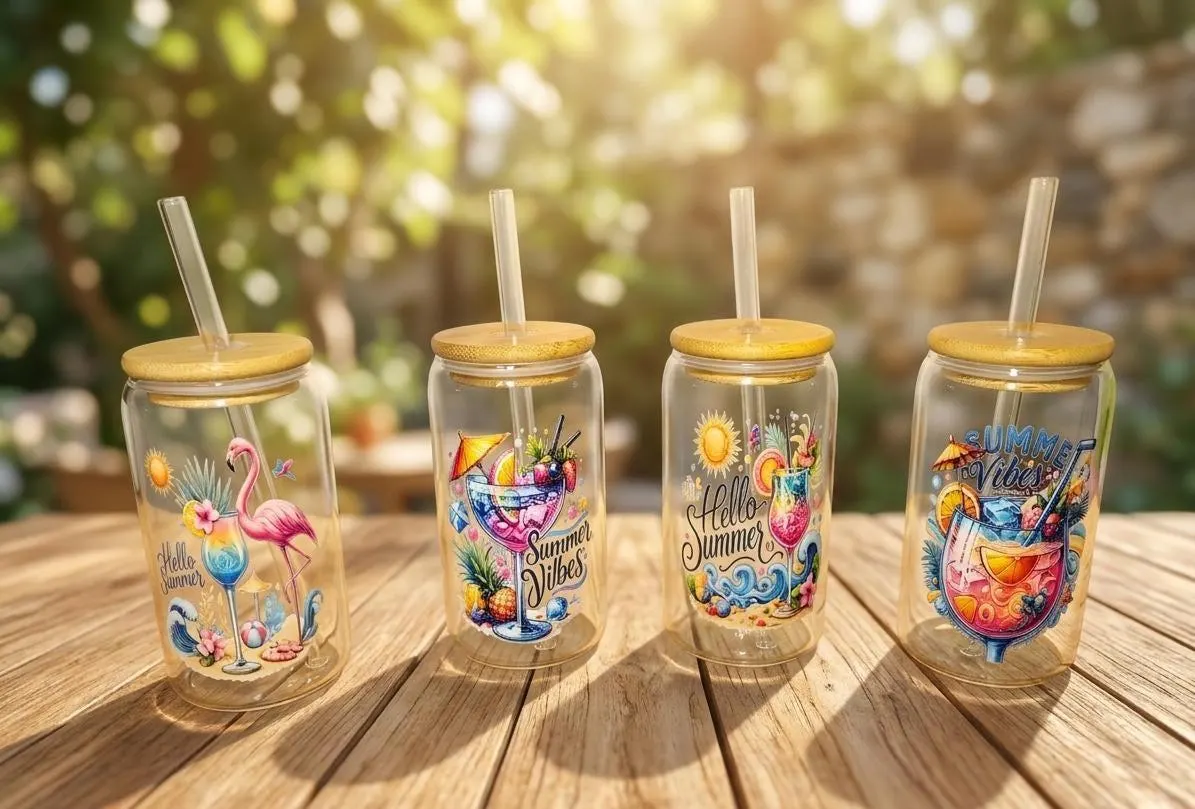 Glasbecher Sommer 473ml - Trinkglas Bambus Deckel Strohhalm - Sommergeschenk