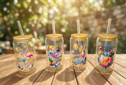 Glasbecher Sommer 473ml - Trinkglas Bambus Deckel Strohhalm - Sommergeschenk