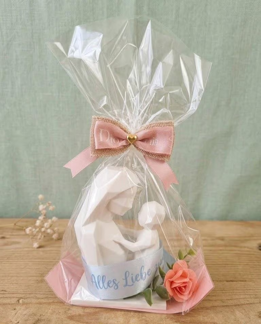 Muttertagsgeschenk Mutter Kind Skulptur Low-Poly 3D Druck 14 cm – Geschenk für Mama verpackt mit Papierrose – Alles Liebe zum Muttertag