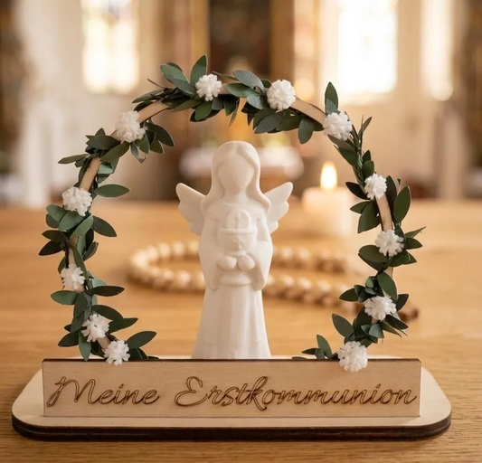 Schutzengel Deko Erstkommunion personalisiert - Kommunion Geschenk Engel Holzbogen