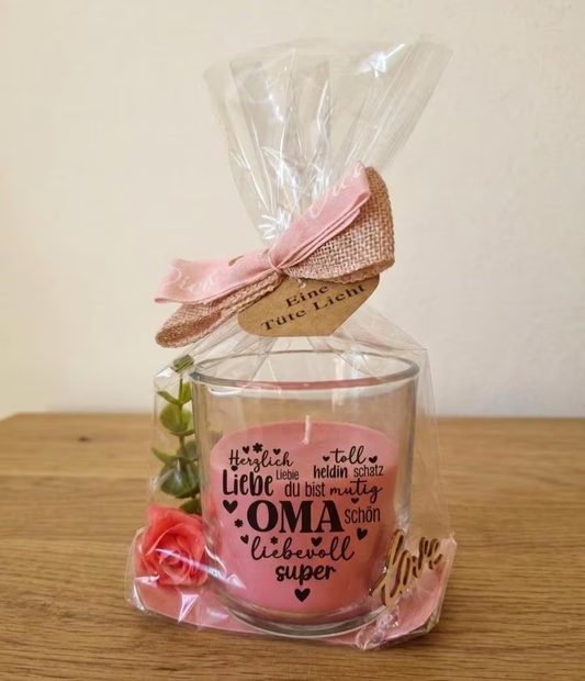 Geschenk Kerze im Glas – Eine Tüte Licht für Oma – 6 Designs, 2 Farben, fertig verpackt mit Rose & Schleife