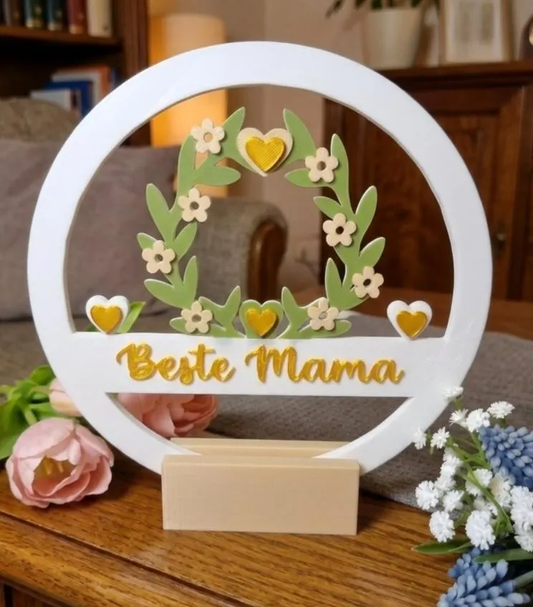 Muttertagsgeschenk 3D Druck Aufsteller Ring – Beste Mama / Alles Liebe zum Muttertag – Deko Weiß Gold Blumenkranz