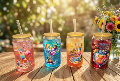 Glasbecher Sommer 473ml - Trinkglas Bambus Deckel Strohhalm - Sommergeschenk