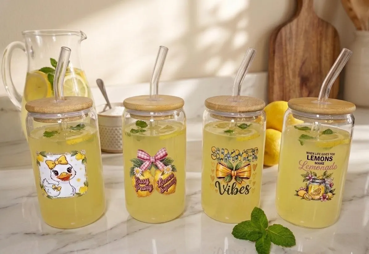 Glasbecher Zitrone mit Deckel und Strohhalm – Summer Vibes | Lemon Squeezy | Eiskaffee Glas