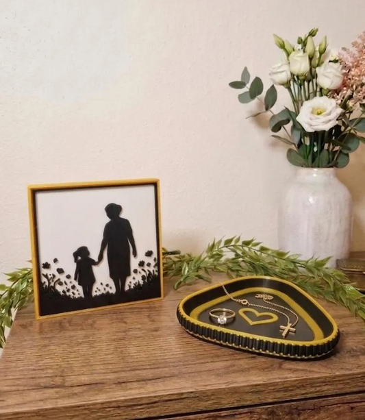 Muttertag Geschenk-Set 3D Druck Bild & Herz-Schale – Mutter Kind Silhouette – 2-teiliges Set für Mama oder Oma