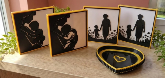 Muttertag Geschenk-Set 3D Druck Bild & Herz-Schale – Mutter Kind Silhouette – 2-teiliges Set für Mama oder Oma