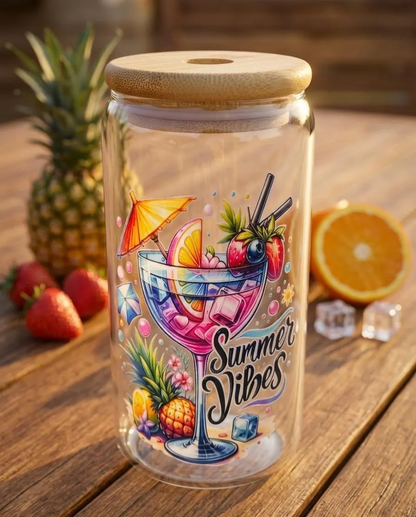 Glasbecher Sommer 473ml - Trinkglas Bambus Deckel Strohhalm - Sommergeschenk