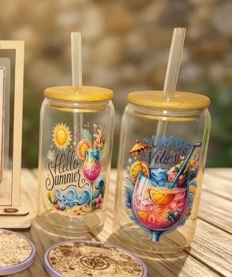 Sommer Geschenk Set Summer Vibes - Glasbecher mit Bambusdeckel & Strohhalm