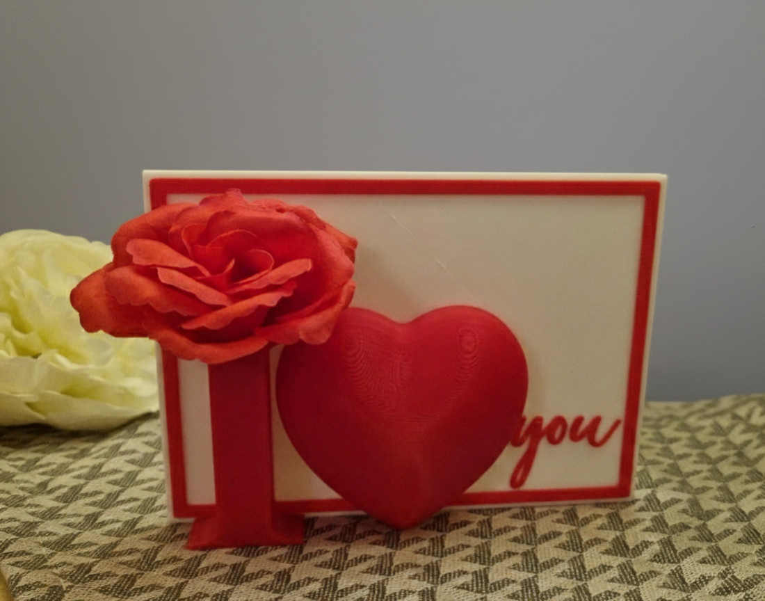 I Love You' Aufsteller weiß mit rotem Herz und Kunstrose - 3D-Druck Liebesgeschenk