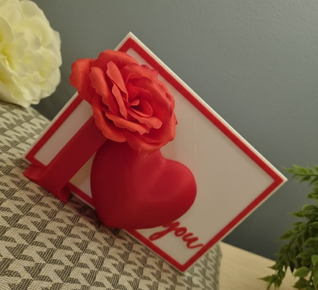I Love You' Aufsteller weiß mit rotem Herz und Kunstrose - 3D-Druck Liebesgeschenk