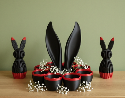 3D Oster-Bundle: Eierkranz, Hasenohren und 2 Hasen in Schwarz-Rot – moderne Osterdeko