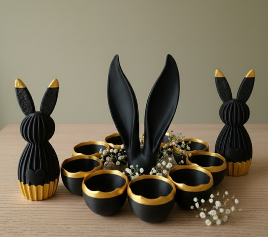 3D Oster-Bundle: Eierkranz, Hasenohren und 2 Hasen in Schwarz-Gold – moderne Osterdeko